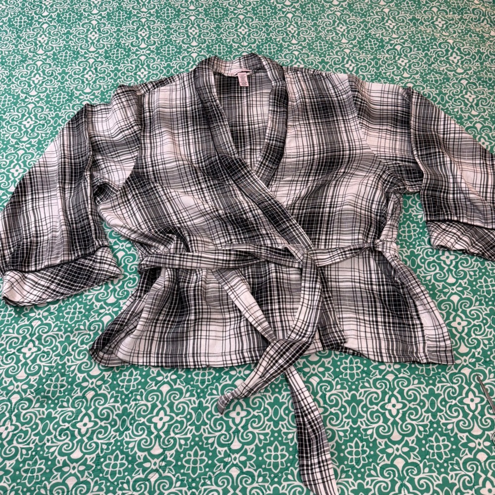 Victorias Secret Black White Plaid Wrap Pajama Top XXL Kimono Sleeve